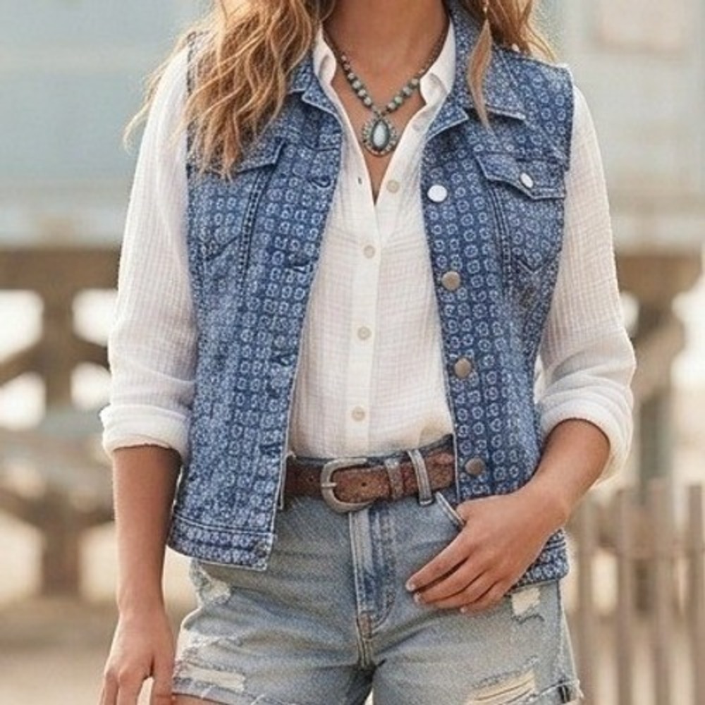 Christopher & Banks Blue Patterned Denim Vest